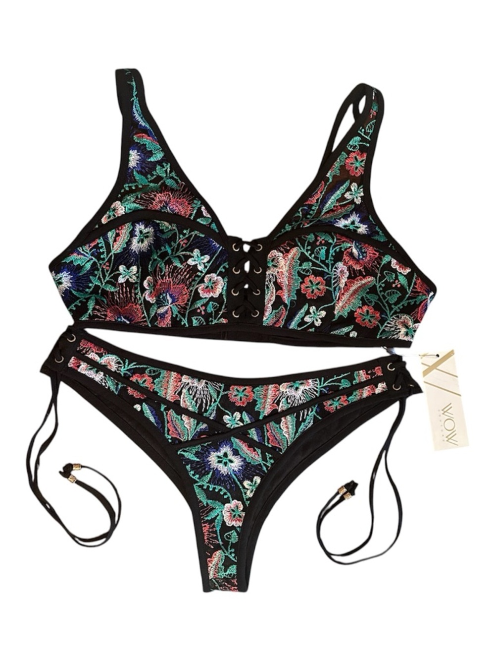 WOW couture Embroidered Multi Colored Boho Bikini Set NWT
